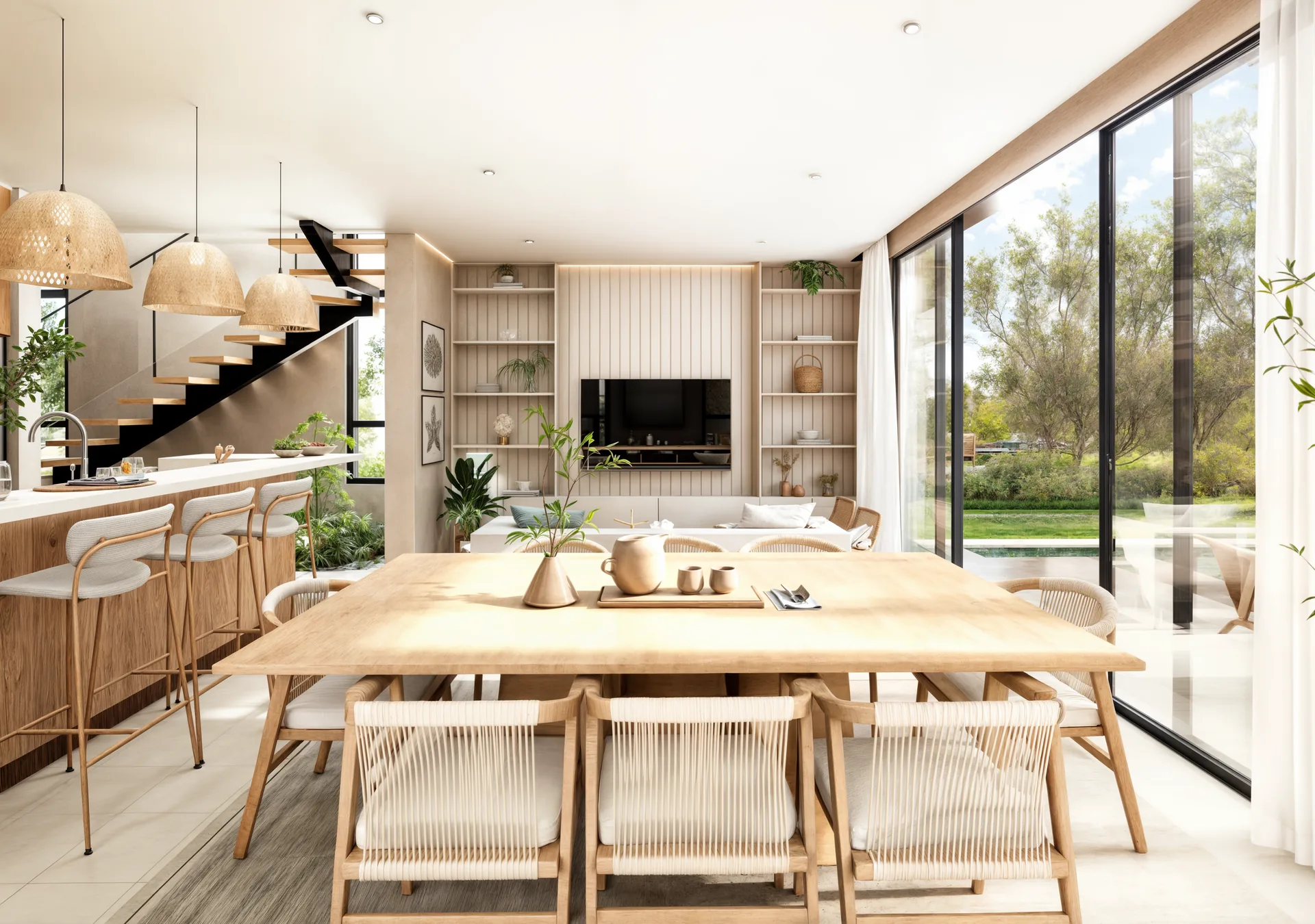 Sala, comedor y cocina de villa tipo A de Canavé