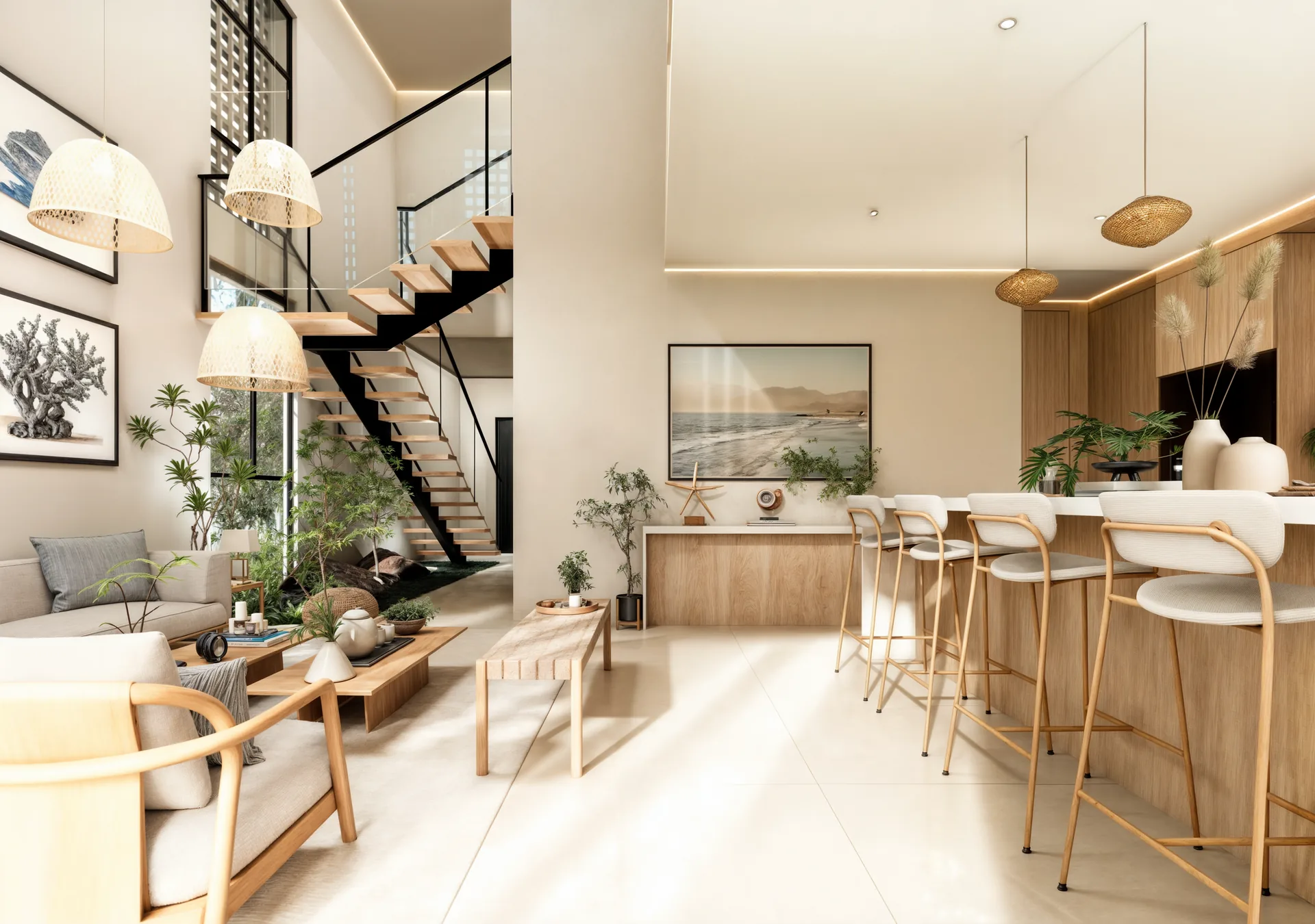 Sala, cocina y escalera de villa tipo C de Canavé