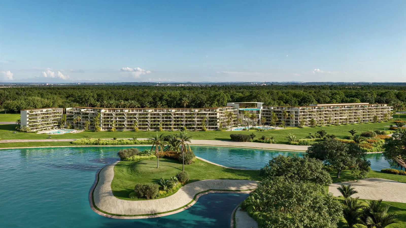 Render del lago y los edificios de Coral Lake dentro de Coral Golf Resort
