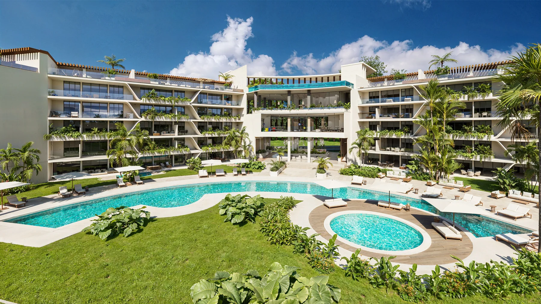Render de fachada y piscinas de Coral Lake Resort