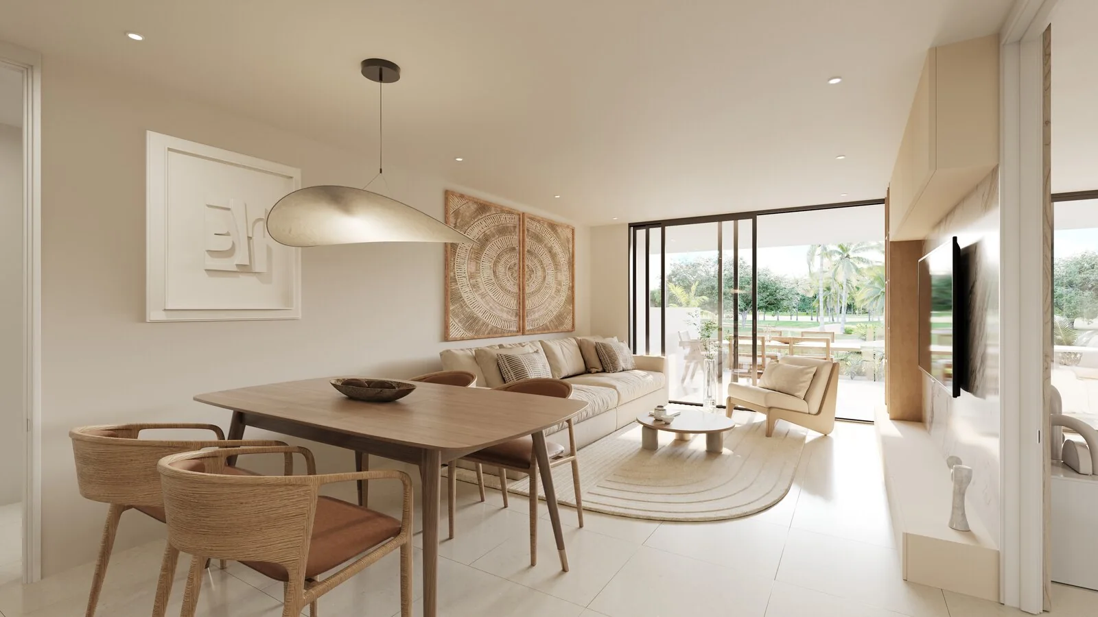 Render de sala y comedor de Coral Lake