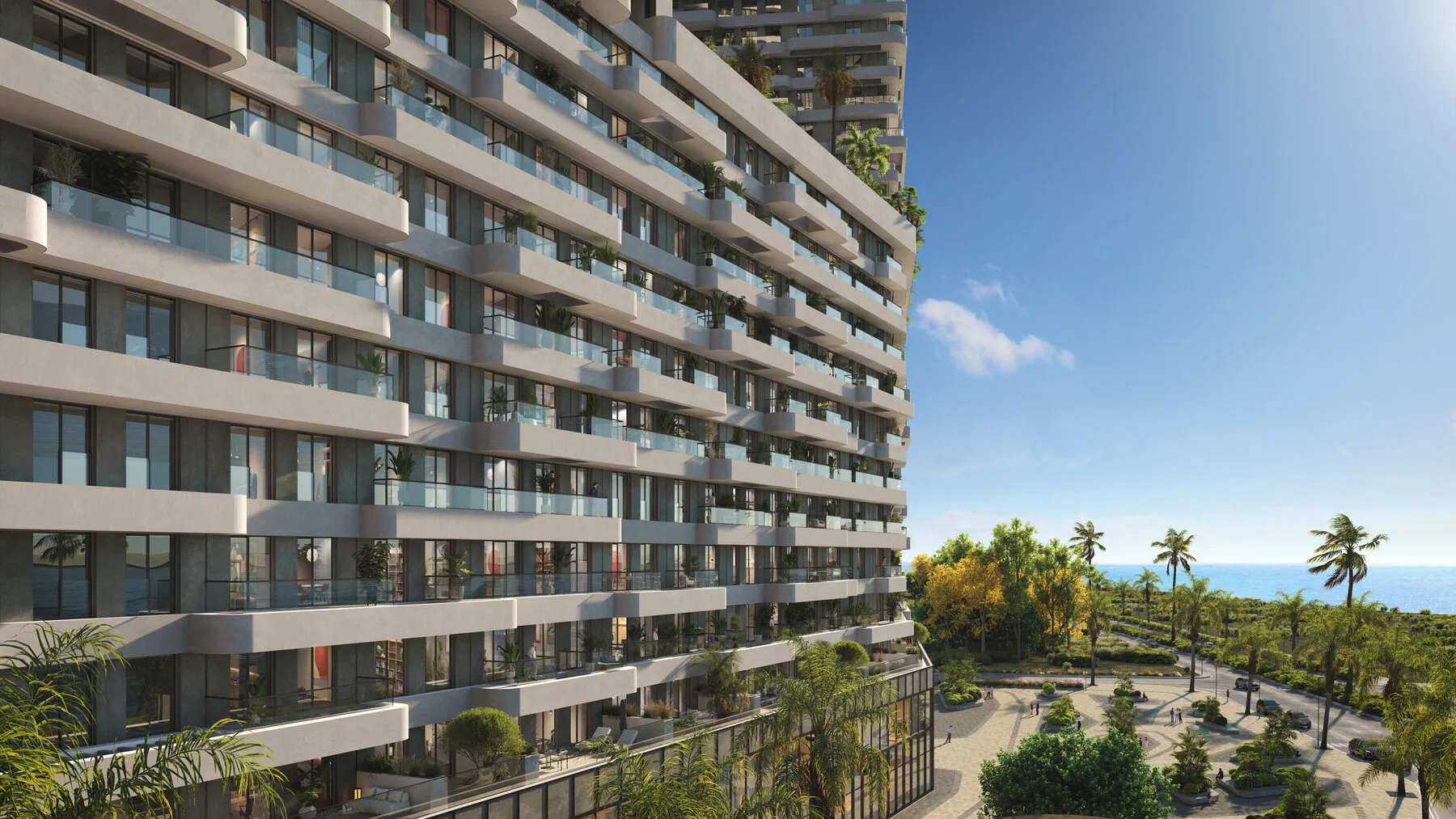 Render de las residencias de Coralia con vista al mar