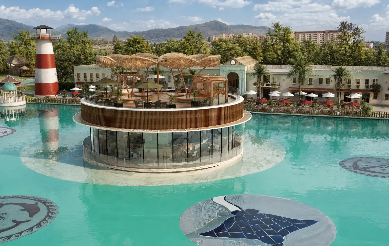 Lago interactivo y paseo exterior de Life Experience Park & Resort