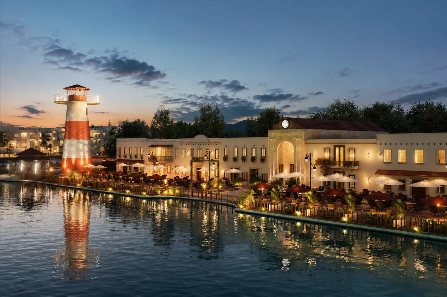 Plaza colonial junto al lago del resort en Punta Cana
