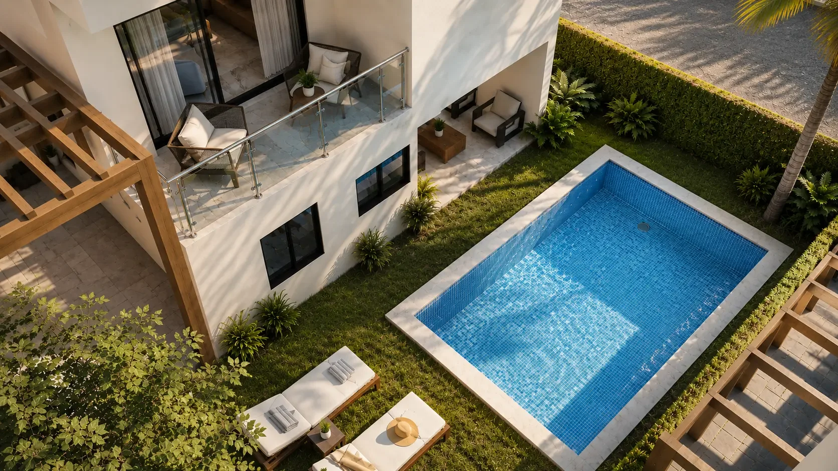 Terraza exterior y piscina de una villa en Gardenias Residences