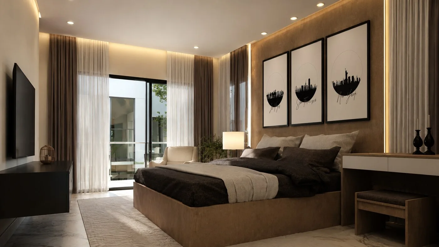 Render de habitación principal en Gardenias