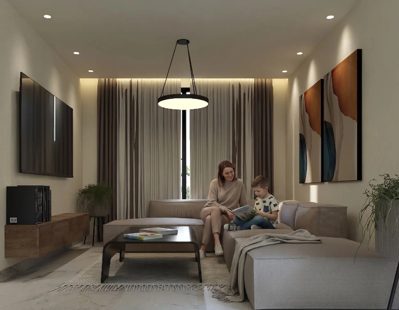 Render de sala de una villa Gardenias