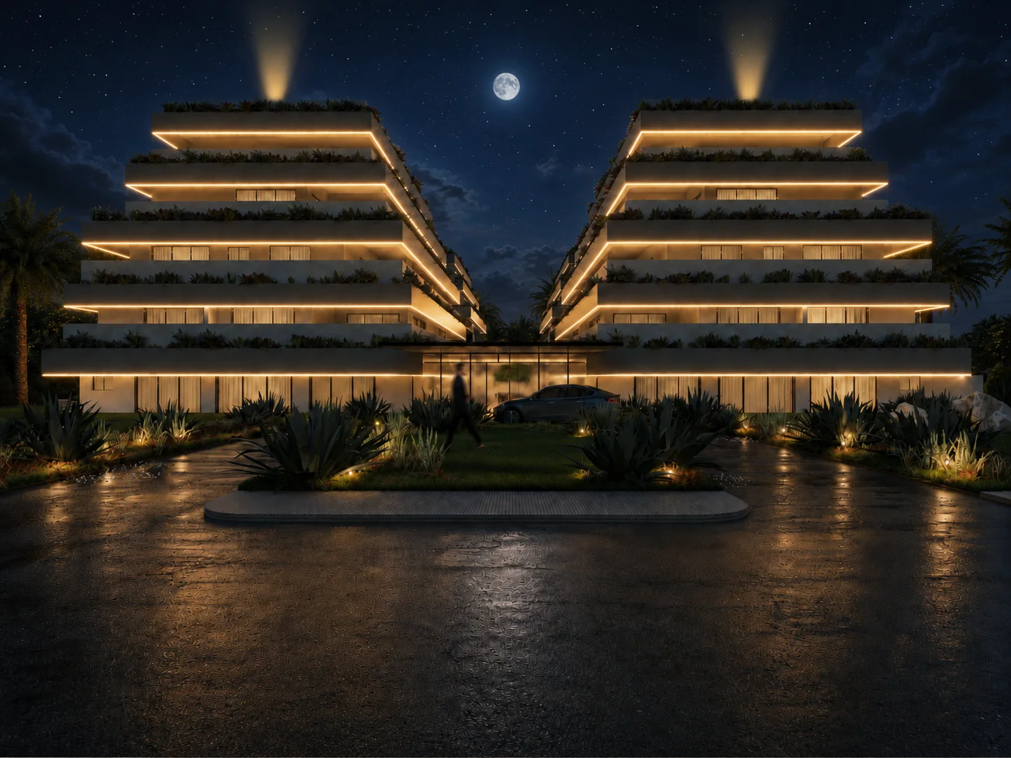 Fachada iluminada de Itza en Cap Cana