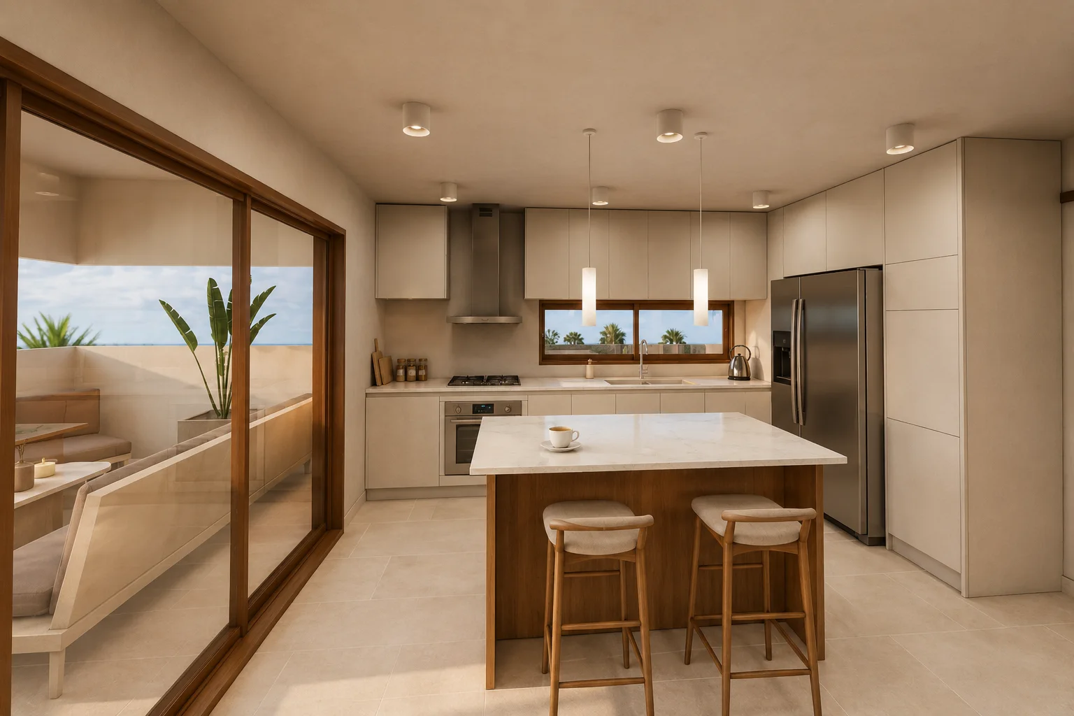 Cocina con isla de un apartamento Itza en Cap Cana