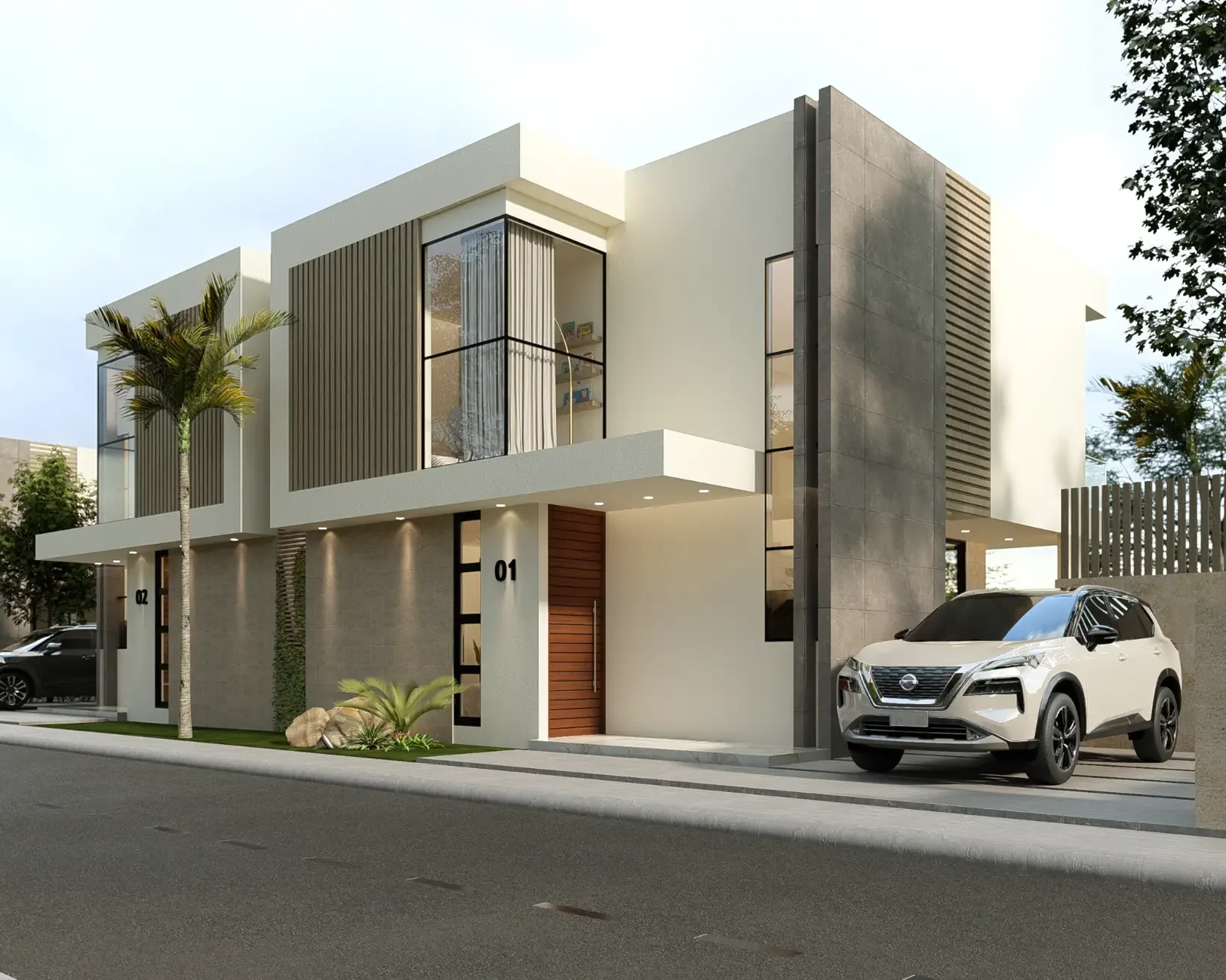Vista frontal exterior de una villa Lotus Residences