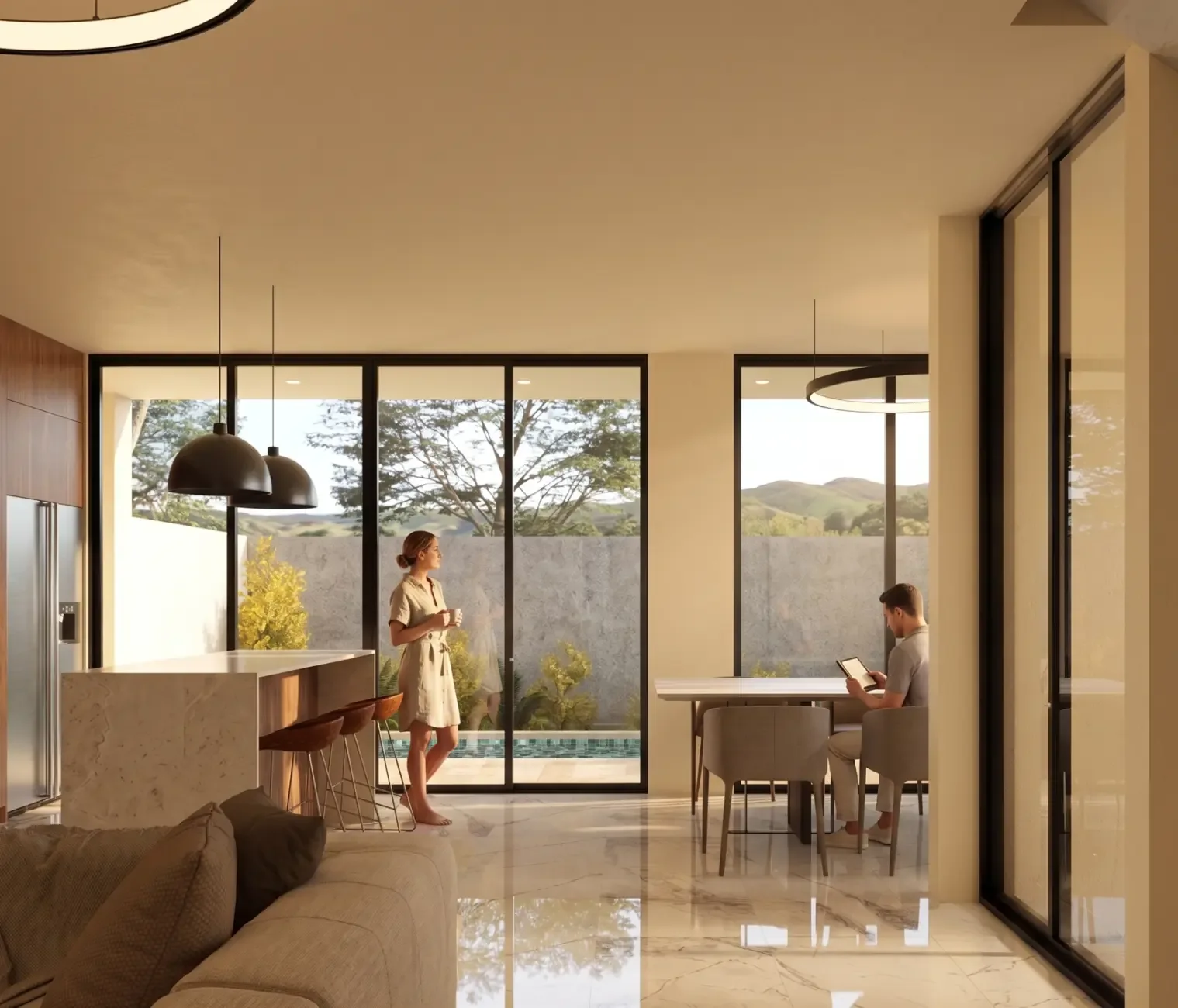 Vista interior de la sala, cocina y comedor de una villa Lotus Residences